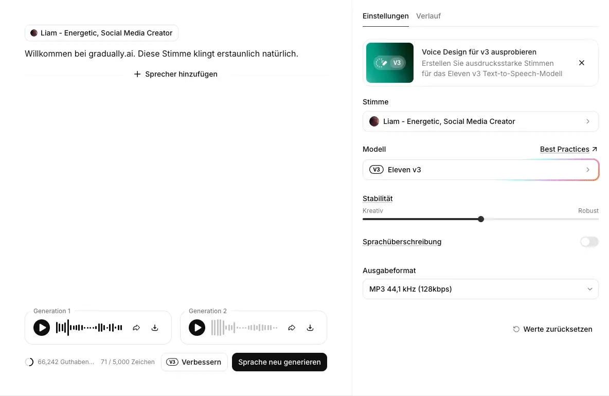 ElevenLabs Text-zu-Sprache-Editor mit dem Modell Eleven v3 in meinem eigenen Konto