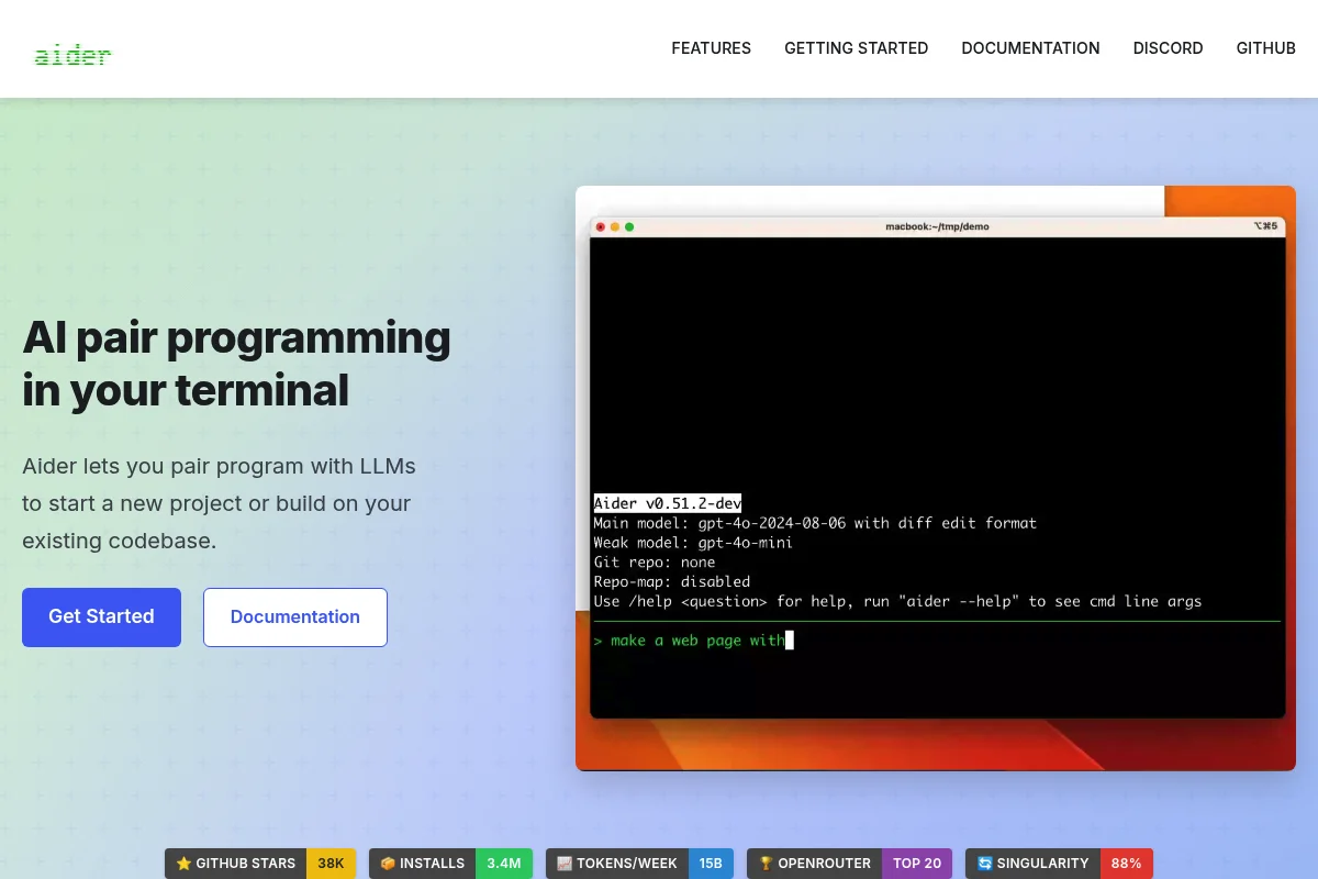 Screenshot der offiziellen Aider Open-Source-Website