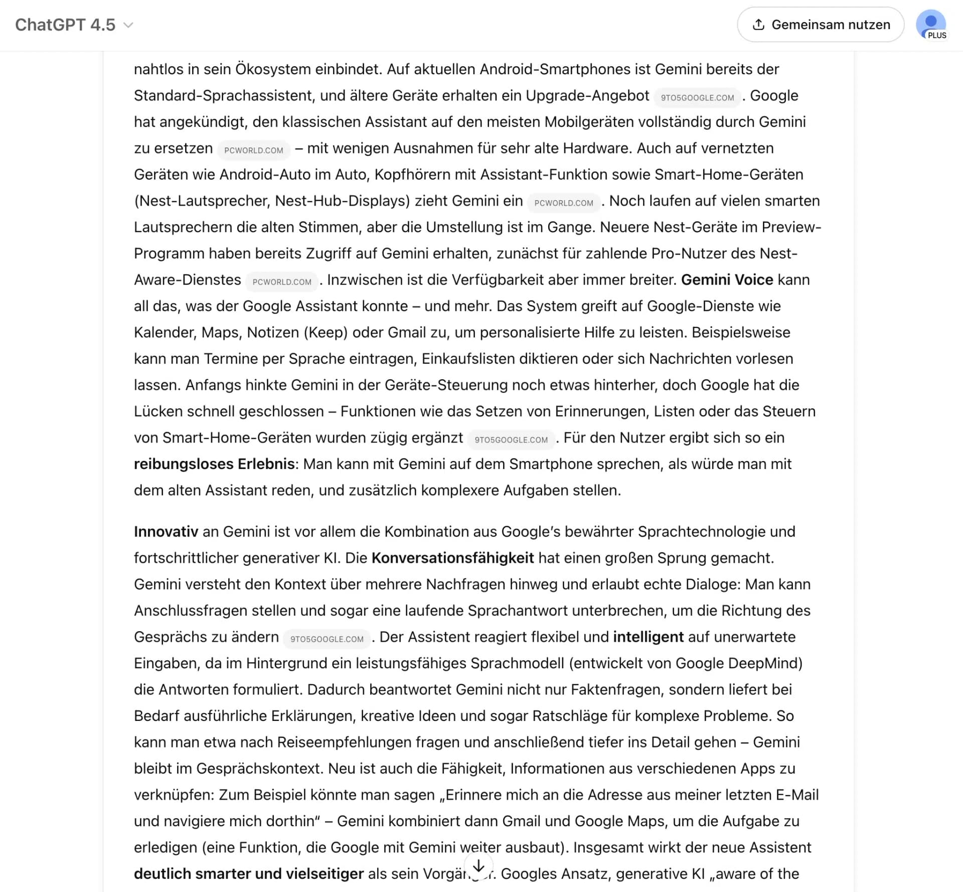 Die Recherche ist bei ChatGPT nicht gut formatiert