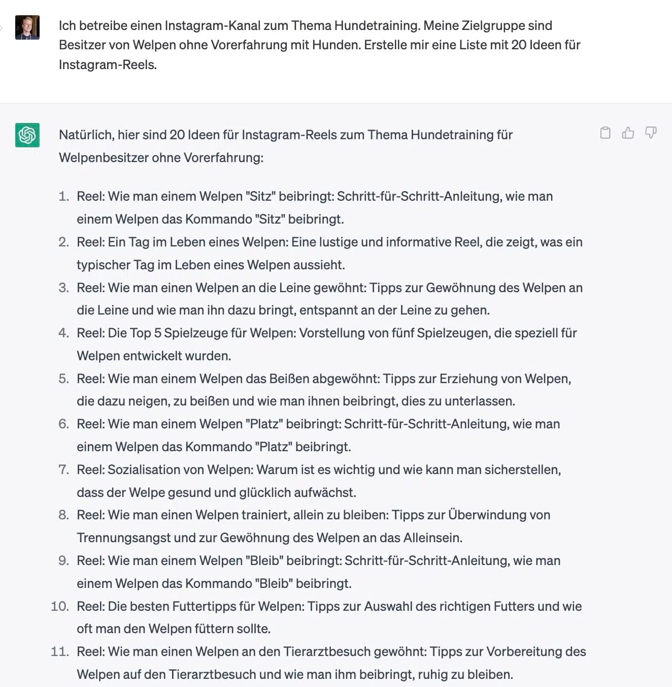 ChatGPT generiert Ideen für Instagram Reels