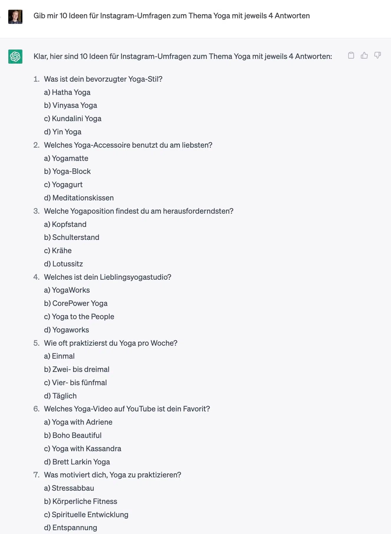 ChatGPT generiert Ideen für Instagram-Umfragen