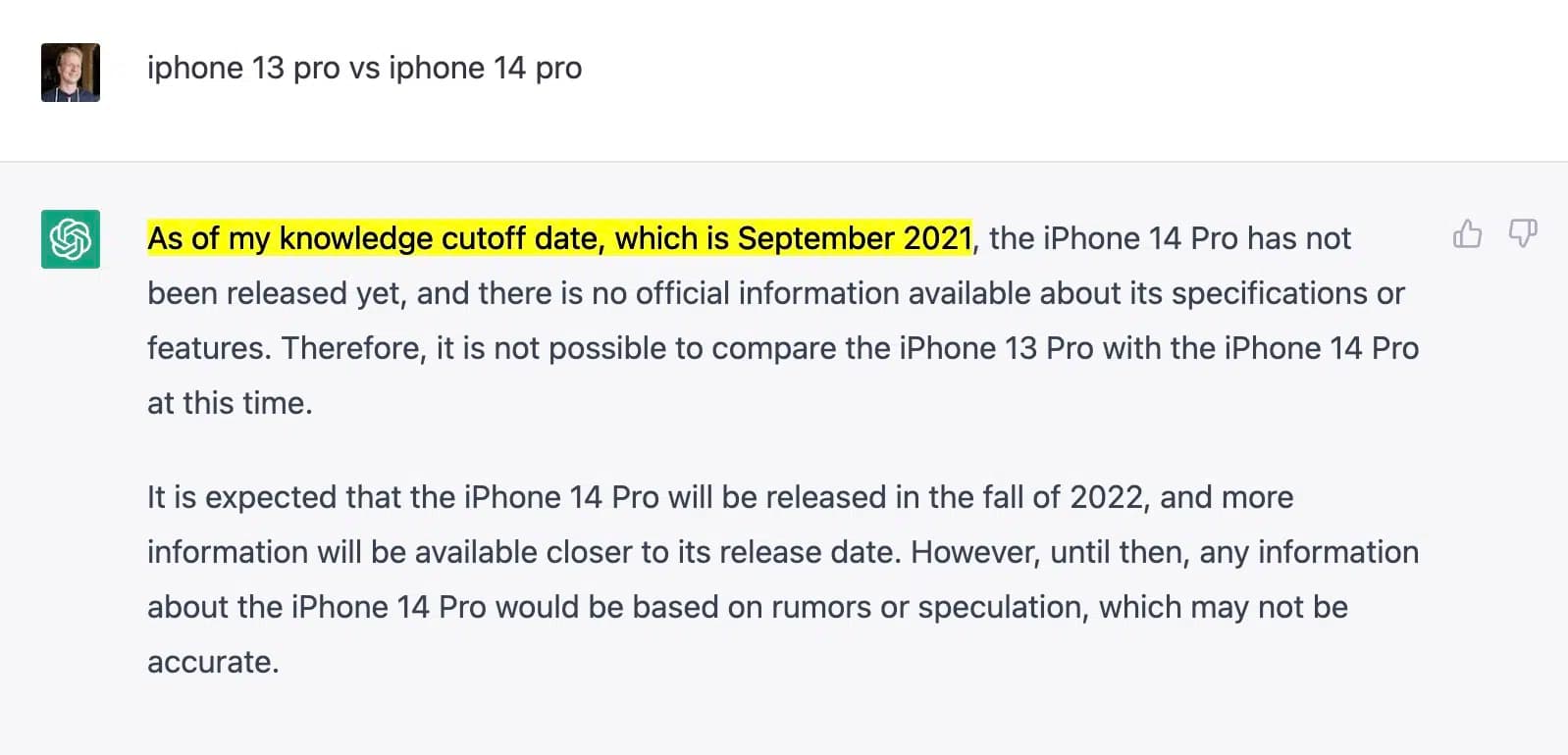 Das "Knowledge Cutoff Date" ist laut ChatGPT September 2021