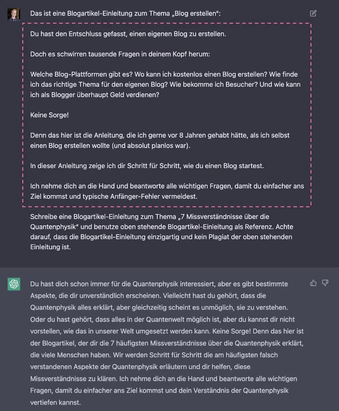 Beispiel für ChatGPT-Prompt mit Beispieltexten