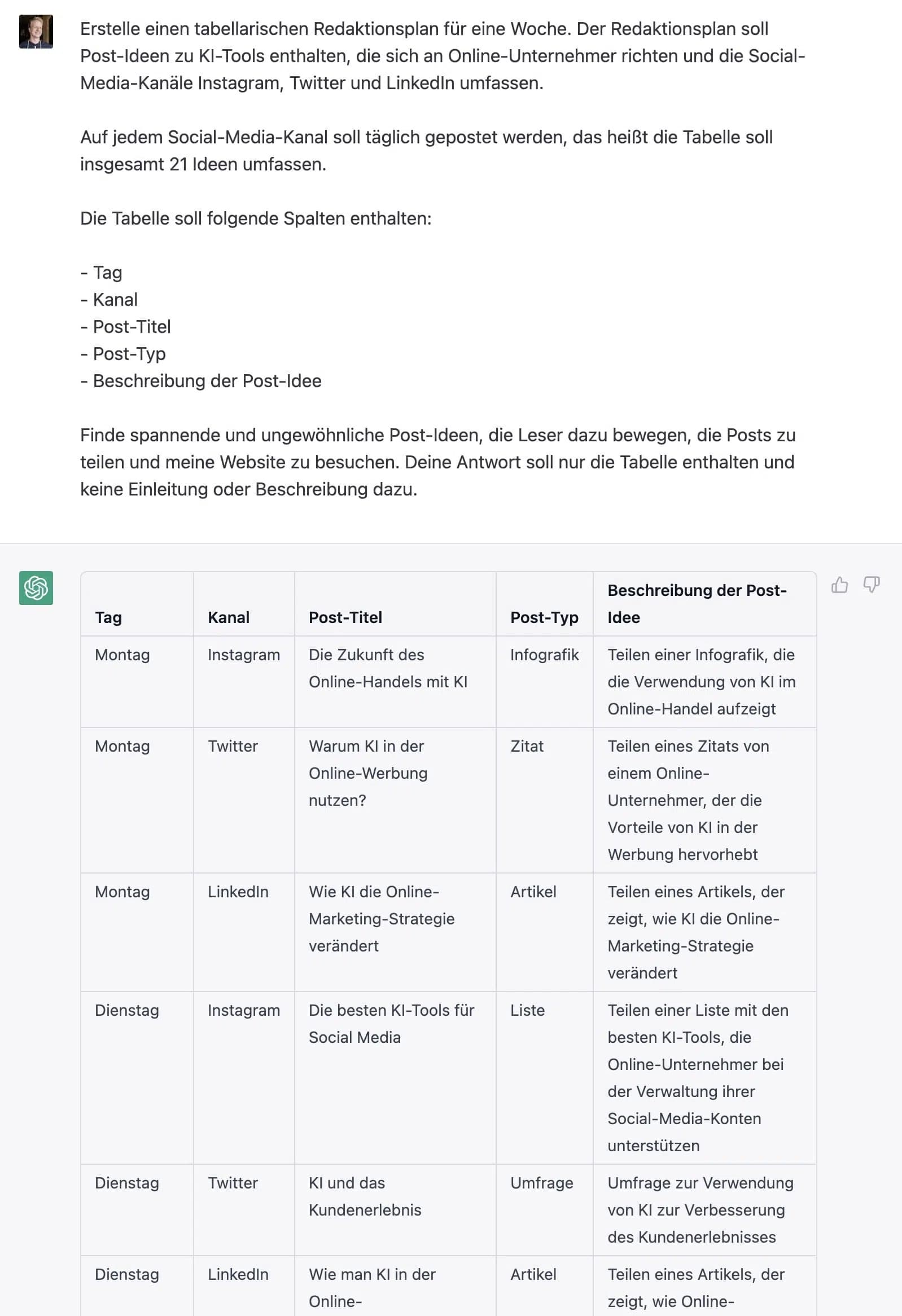 ChatGPT Social Media Redaktionsplan