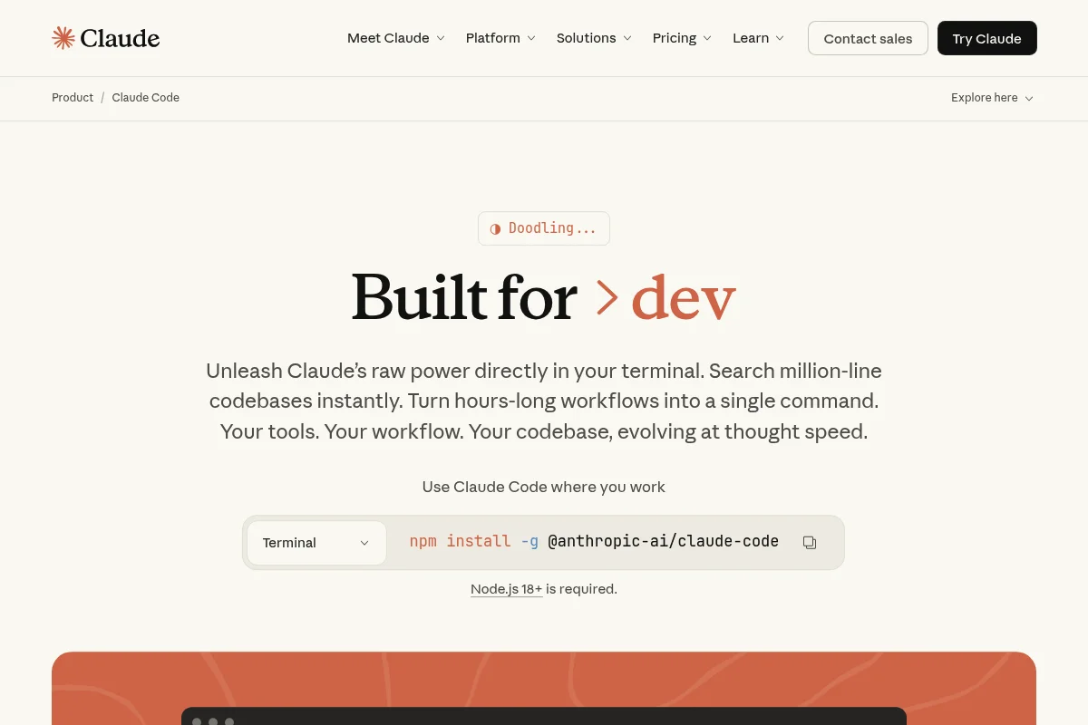 Screenshot der offiziellen Claude Code Website