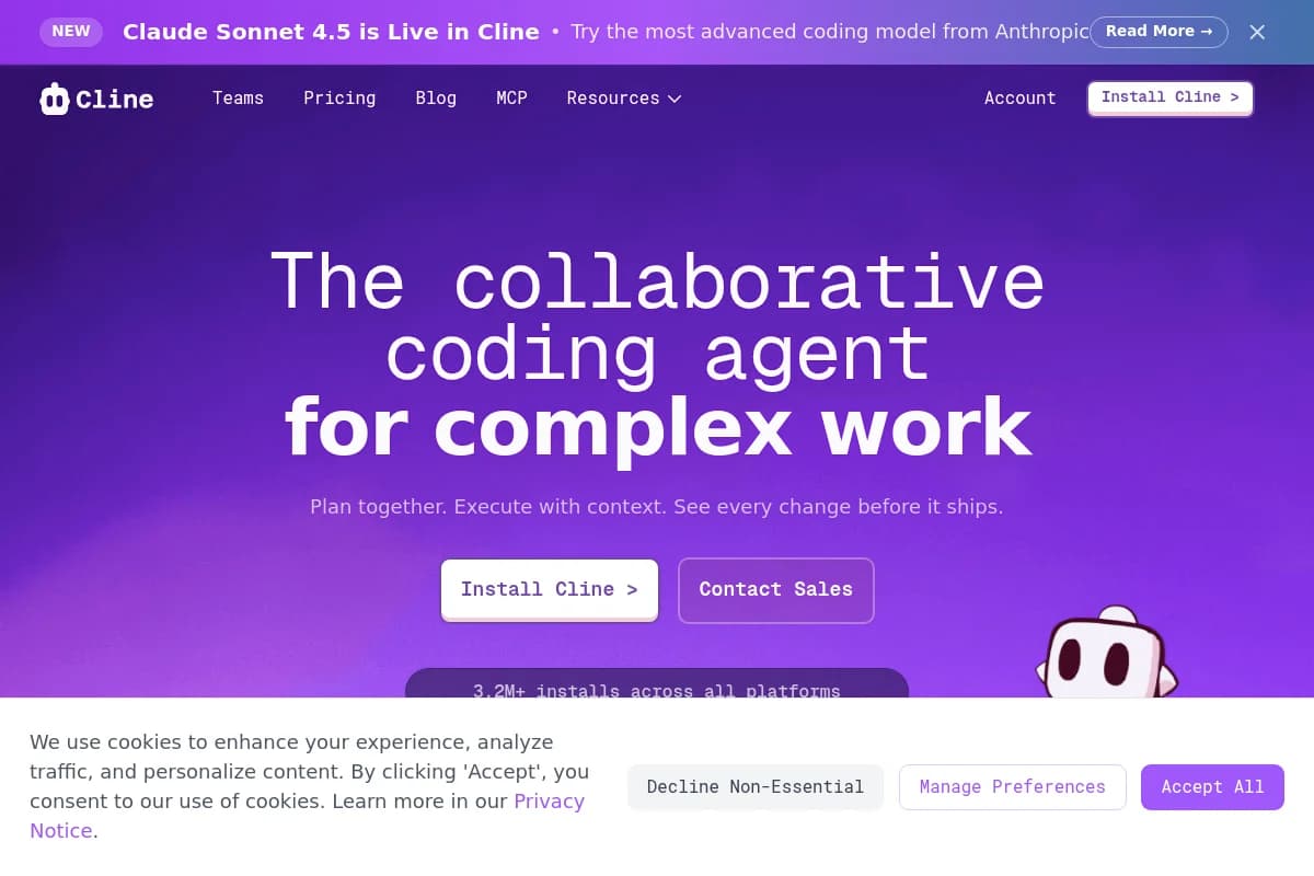 Screenshot der offiziellen Cline Website (ehemals Claude Dev)