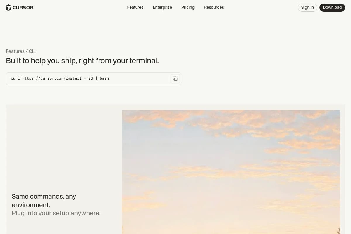 Screenshot der offiziellen Cursor CLI Website