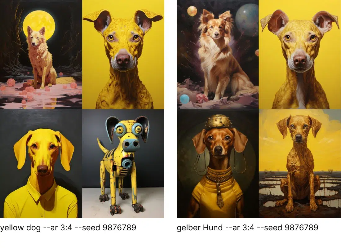 Vergleich zwischen yellow dog und gelber Hund Prompts