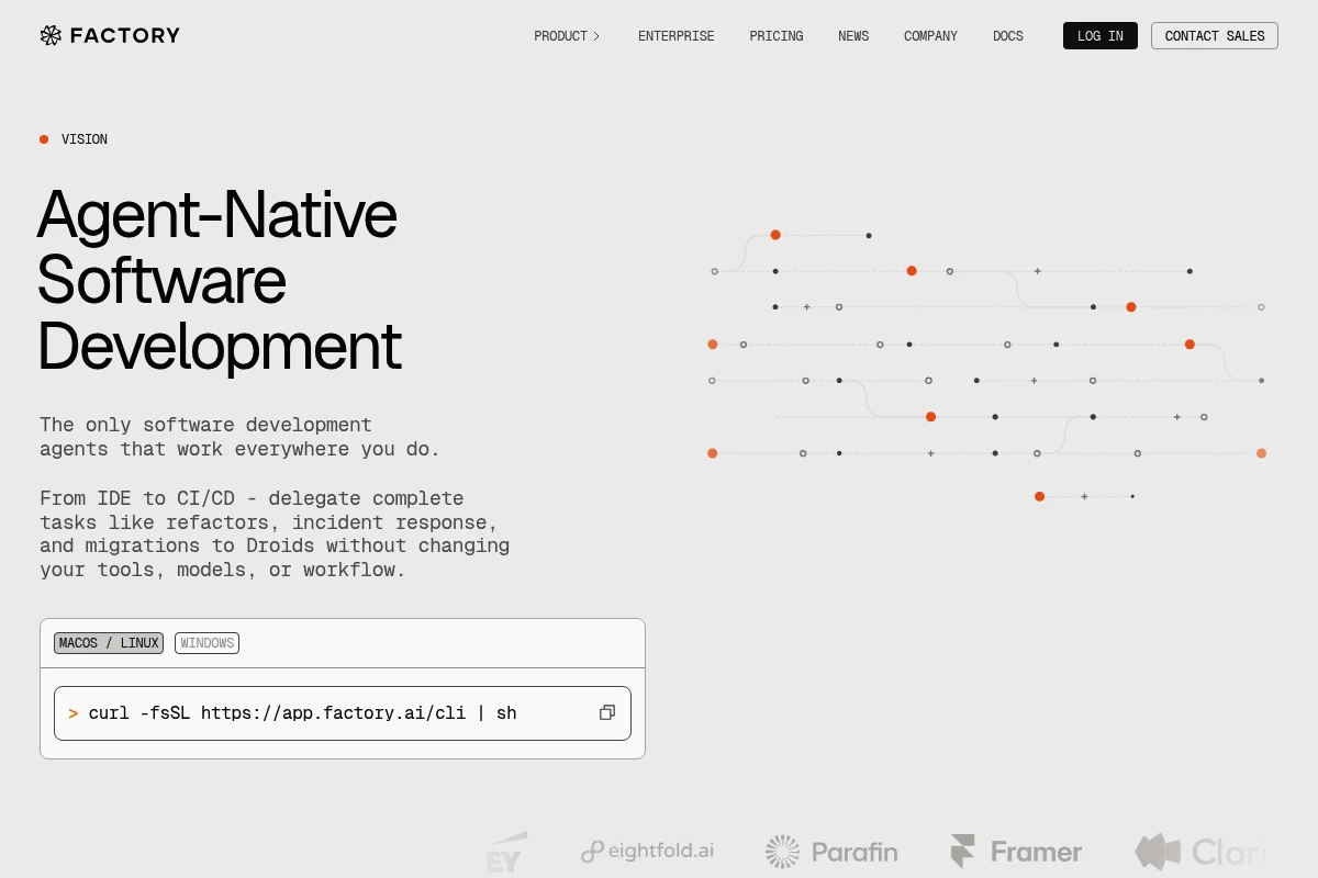 Screenshot der offiziellen Droid Website von Factory.ai