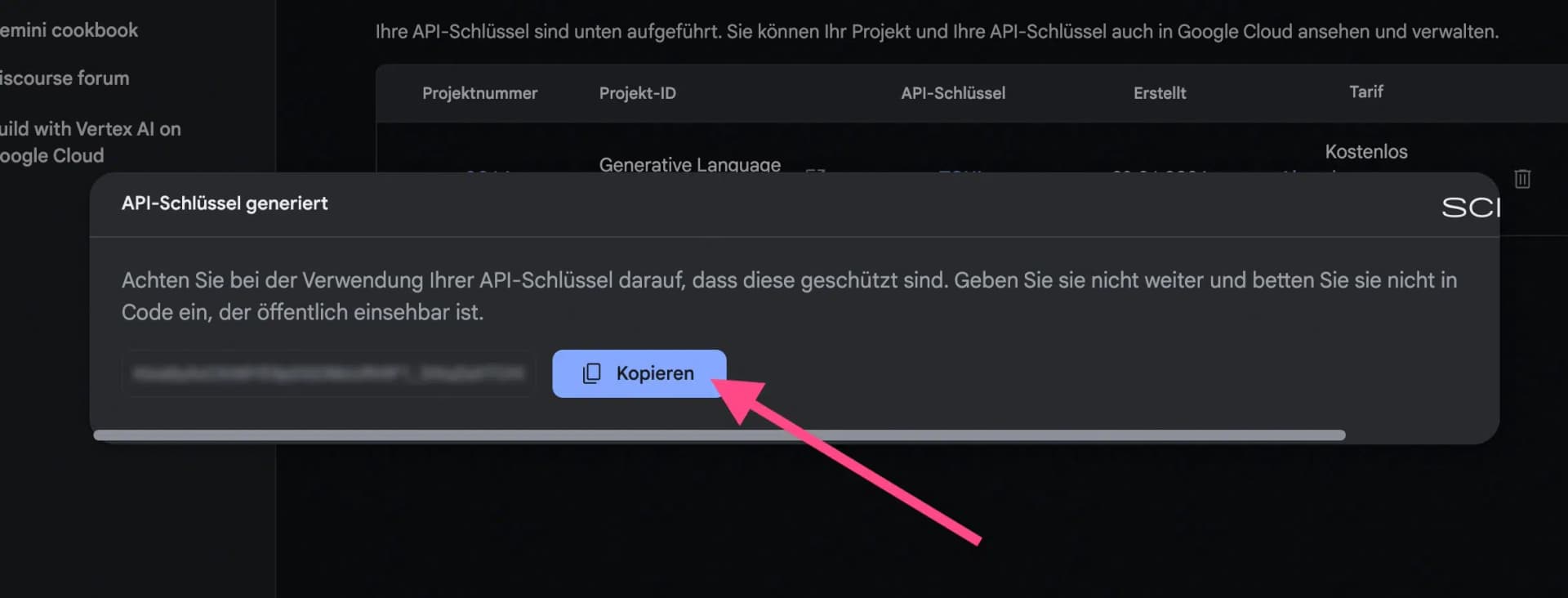 Google AI Studio API Schlüssel generiert
