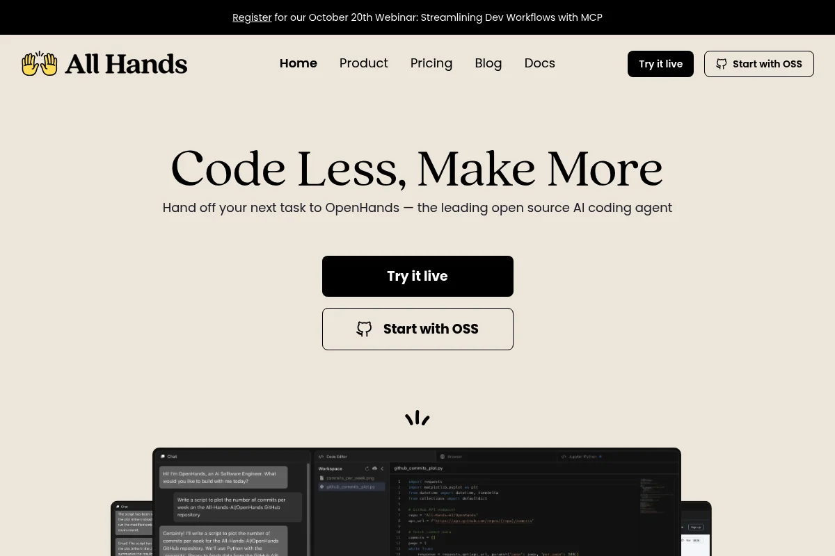 Screenshot der offiziellen OpenHands Website (ehemals OpenDevin)