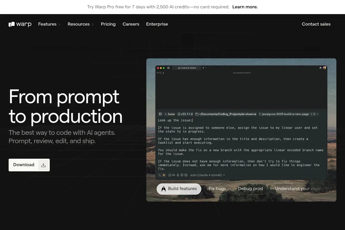 Screenshot der offiziellen Warp Terminal Website