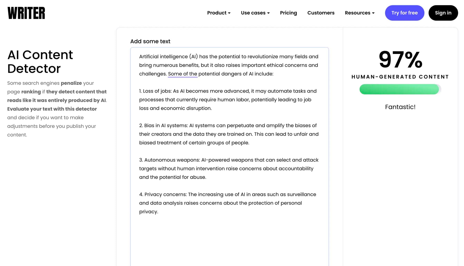 Writer.com AI Contect Detector