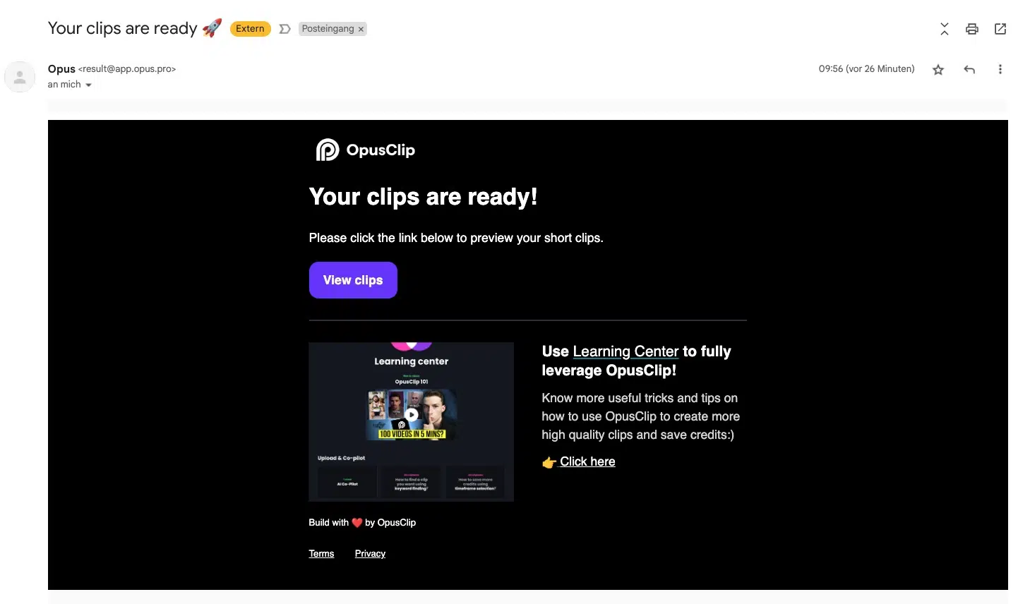 Opus Clip Email Benachrichtigung