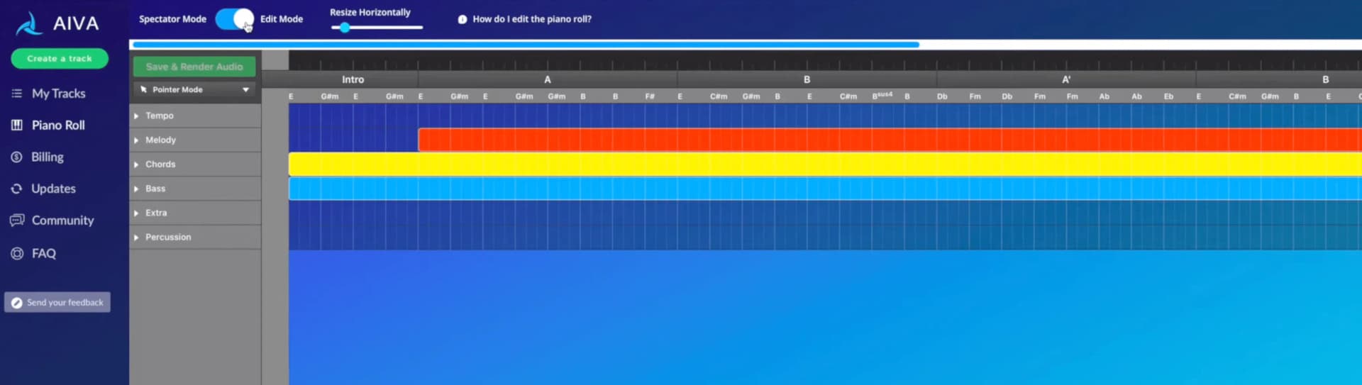 AIVA Piano Roll editing view for subsequent music adjustments