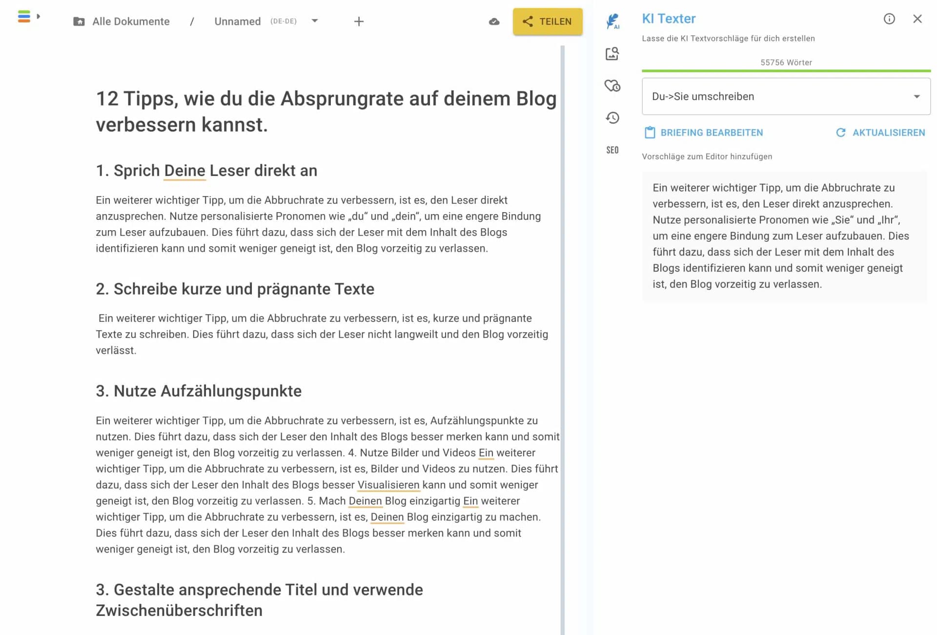 Neuroflash AI text editor