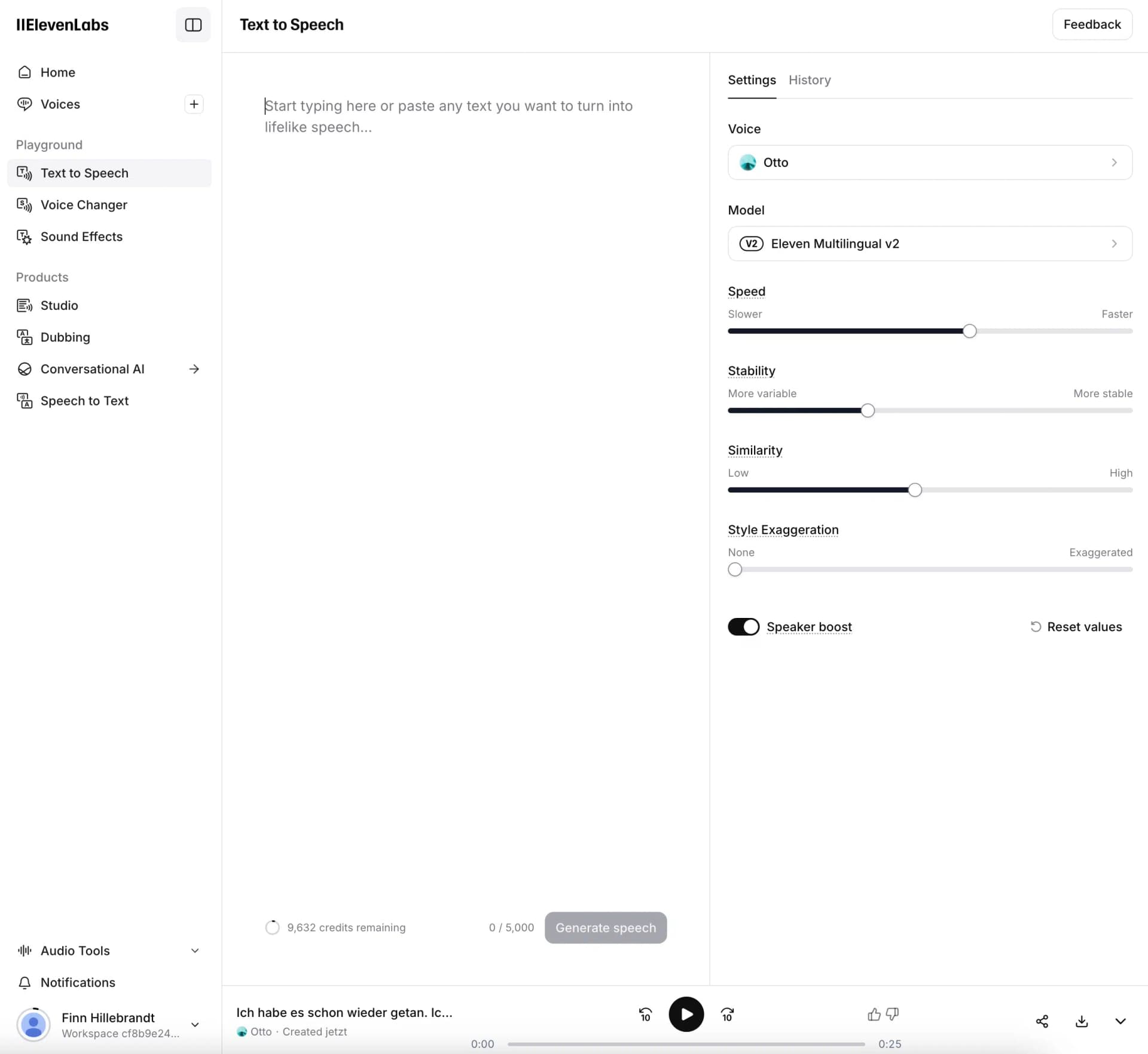 ElevenLabs text-to-speech synthesis interface