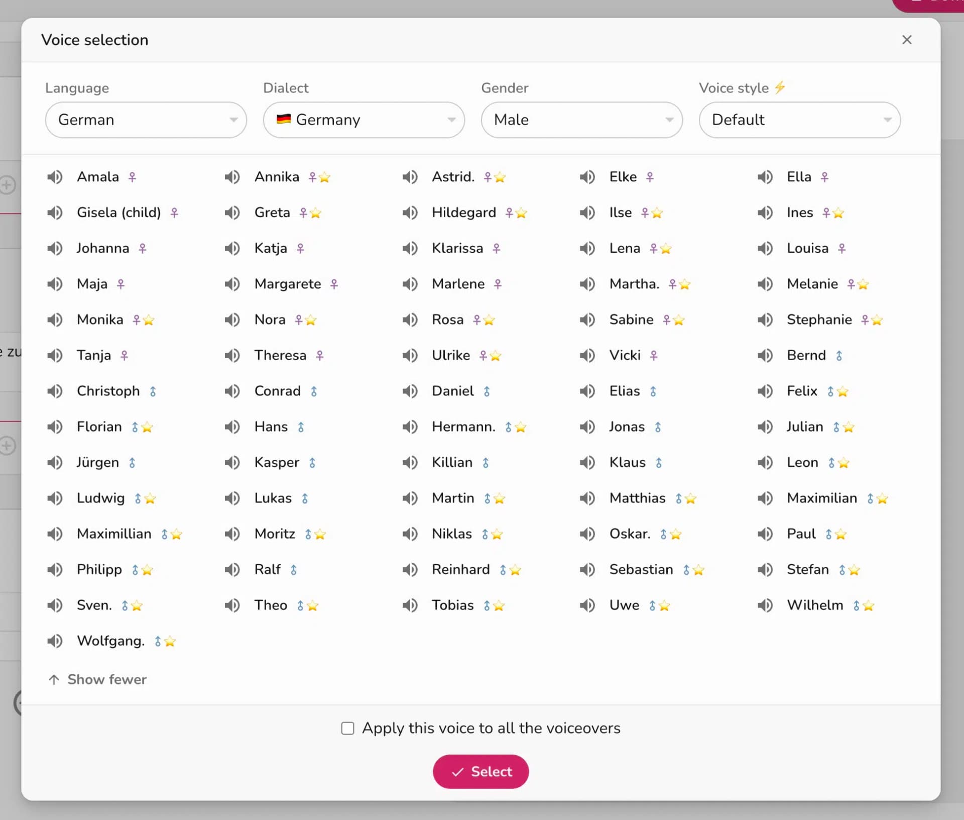 Fliki selection of voices