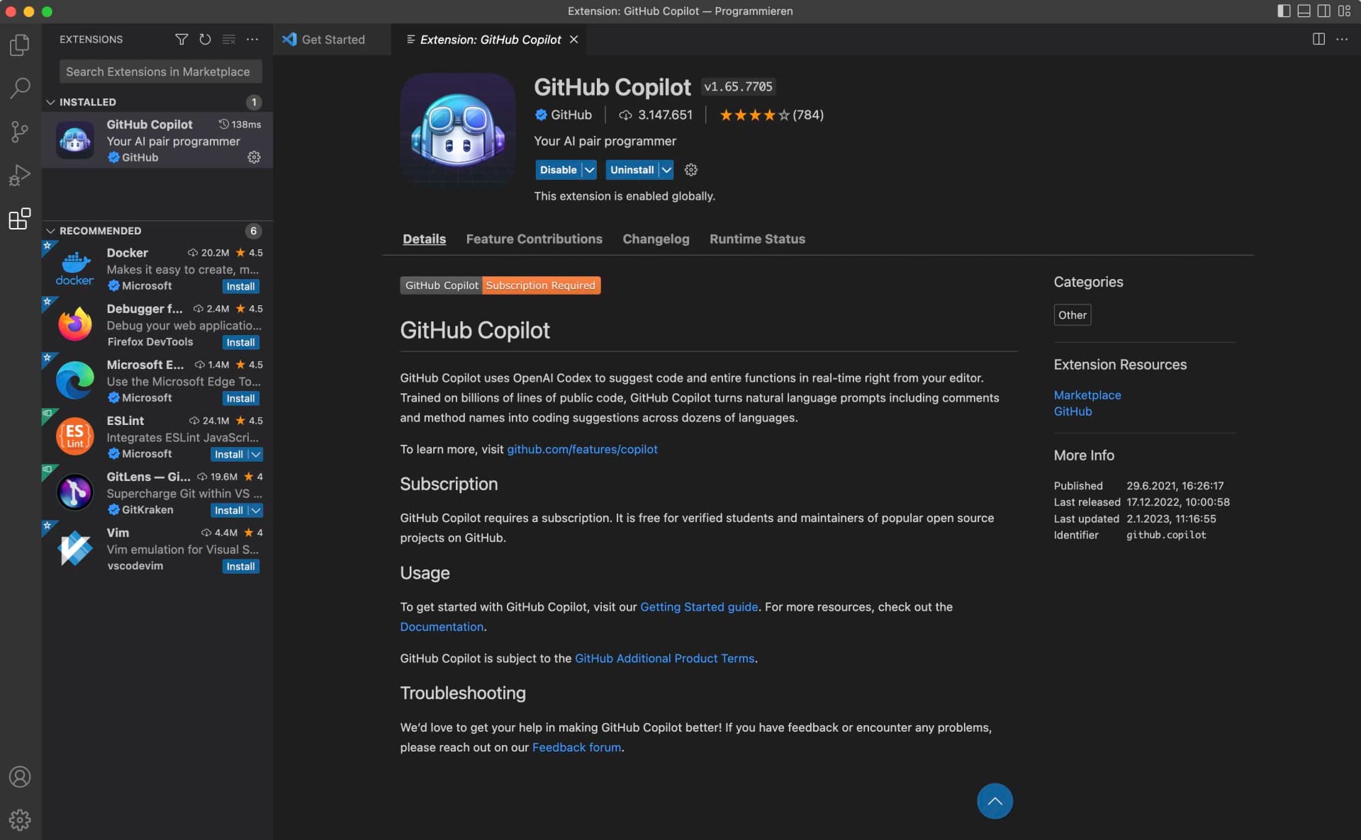 GitHub Copilot extension for Visual Studio Code