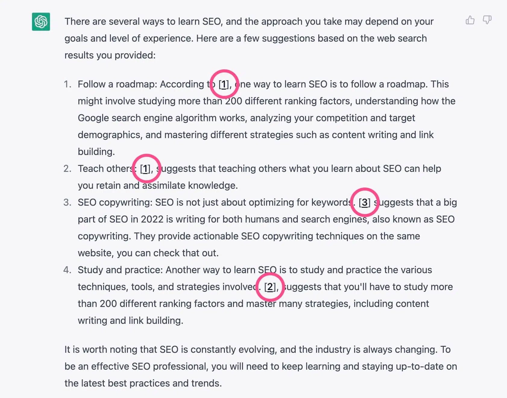 Footnote markers for search results from WebChatGPT