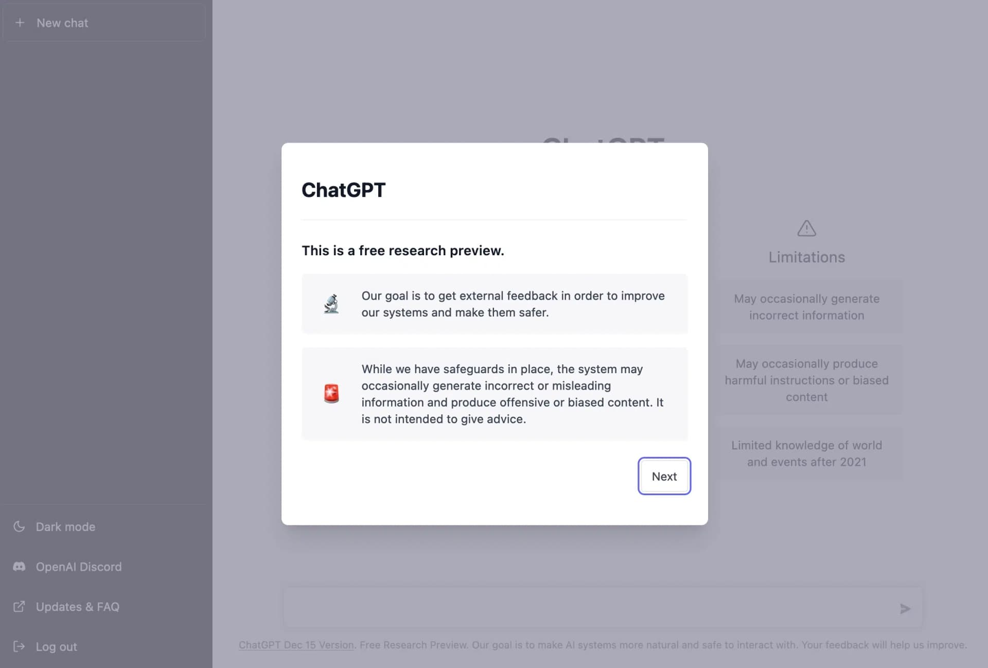 Welcome screen with disclaimer for free research preview