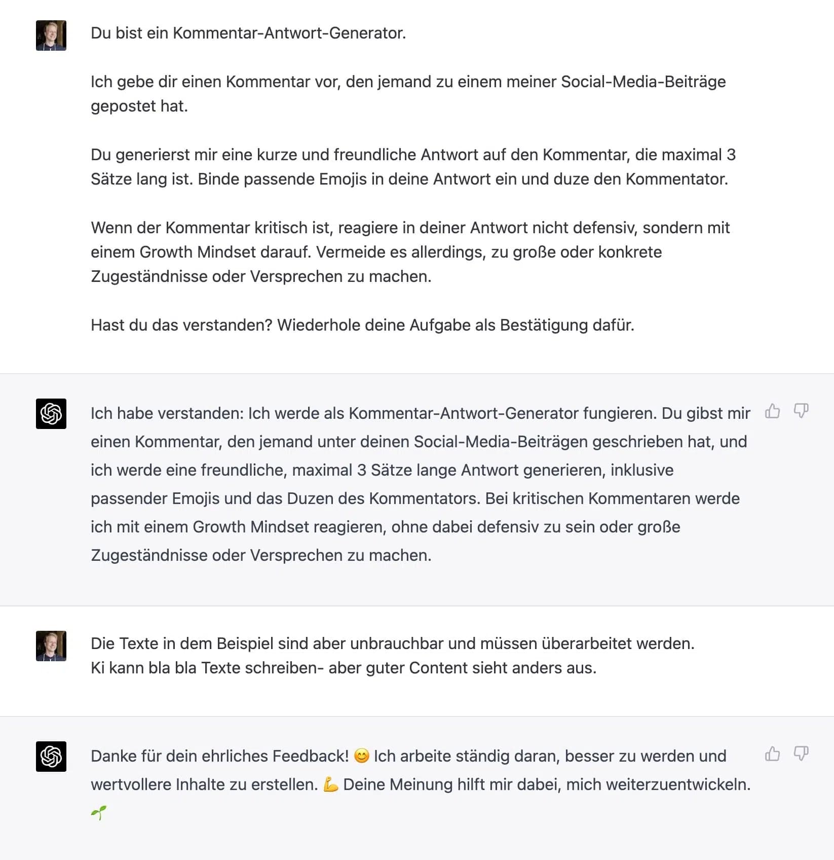 ChatGPT social media comment response generator