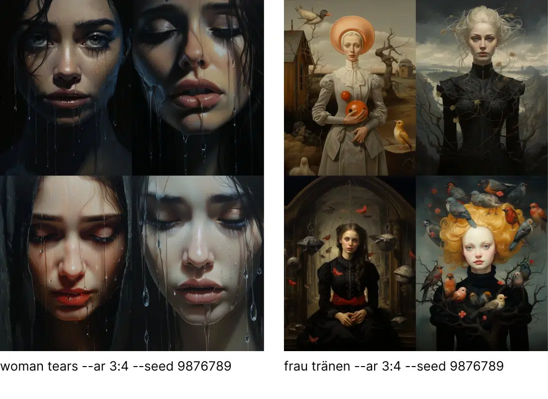 Comparison between woman tears and frau tränen prompts