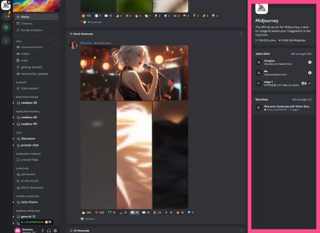 Discord fourth column of the Midjourney server overview