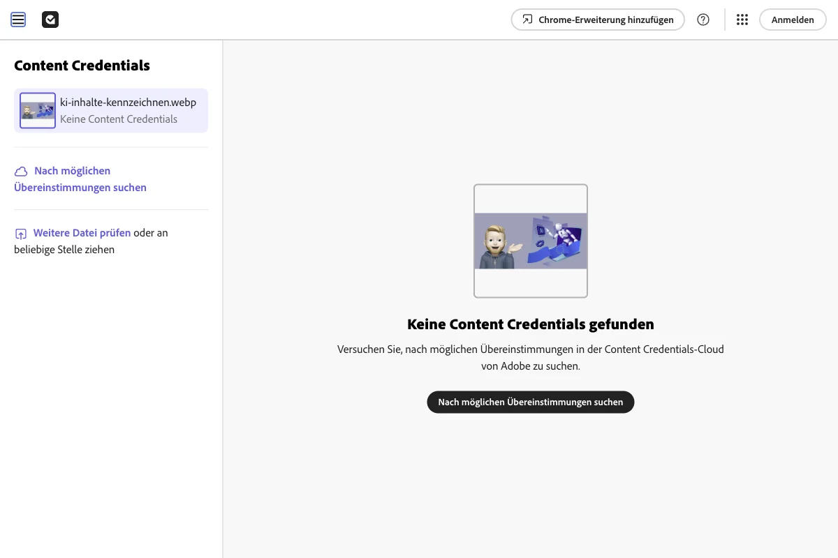 Prüfergebnis ohne gefundene Content Credentials bei einem echten Beispielbild
