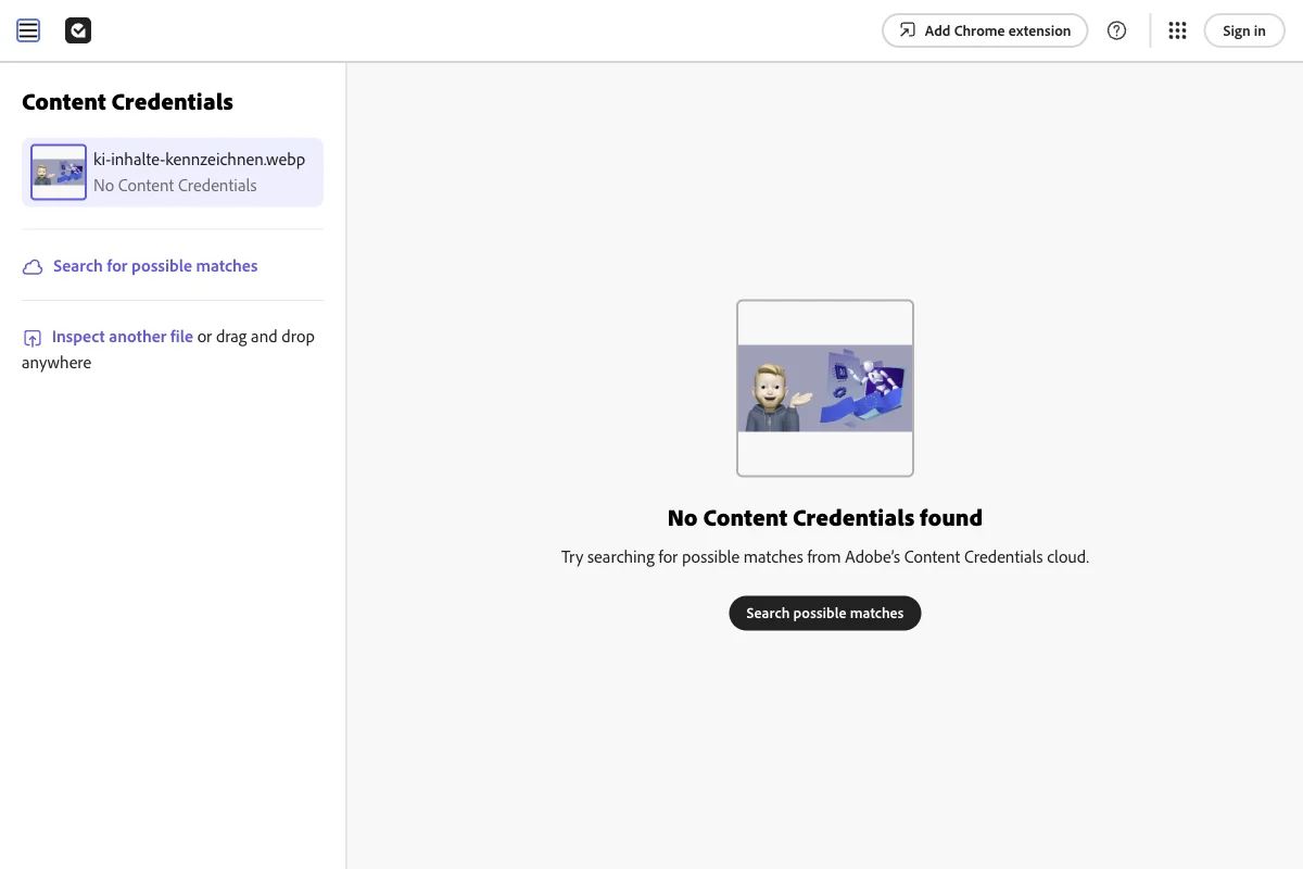 Content Credentials verifier reporting that no credentials were found