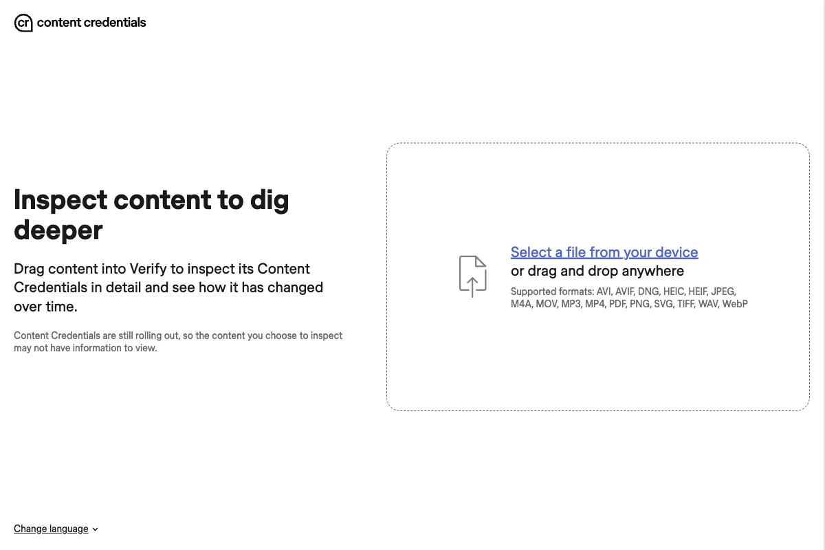 Startseite des offiziellen Content-Credentials-Prüfdienstes mit Dateiupload