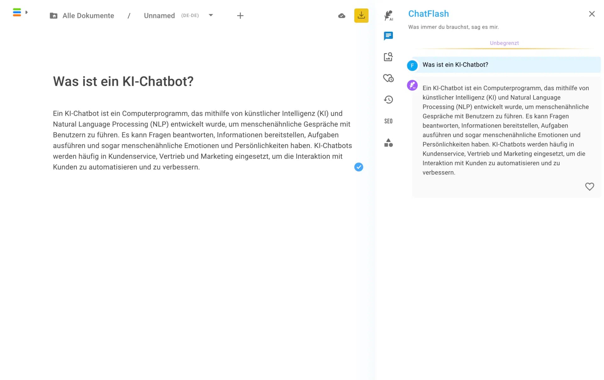 ChatFlash integrated in the Neuroflash editor