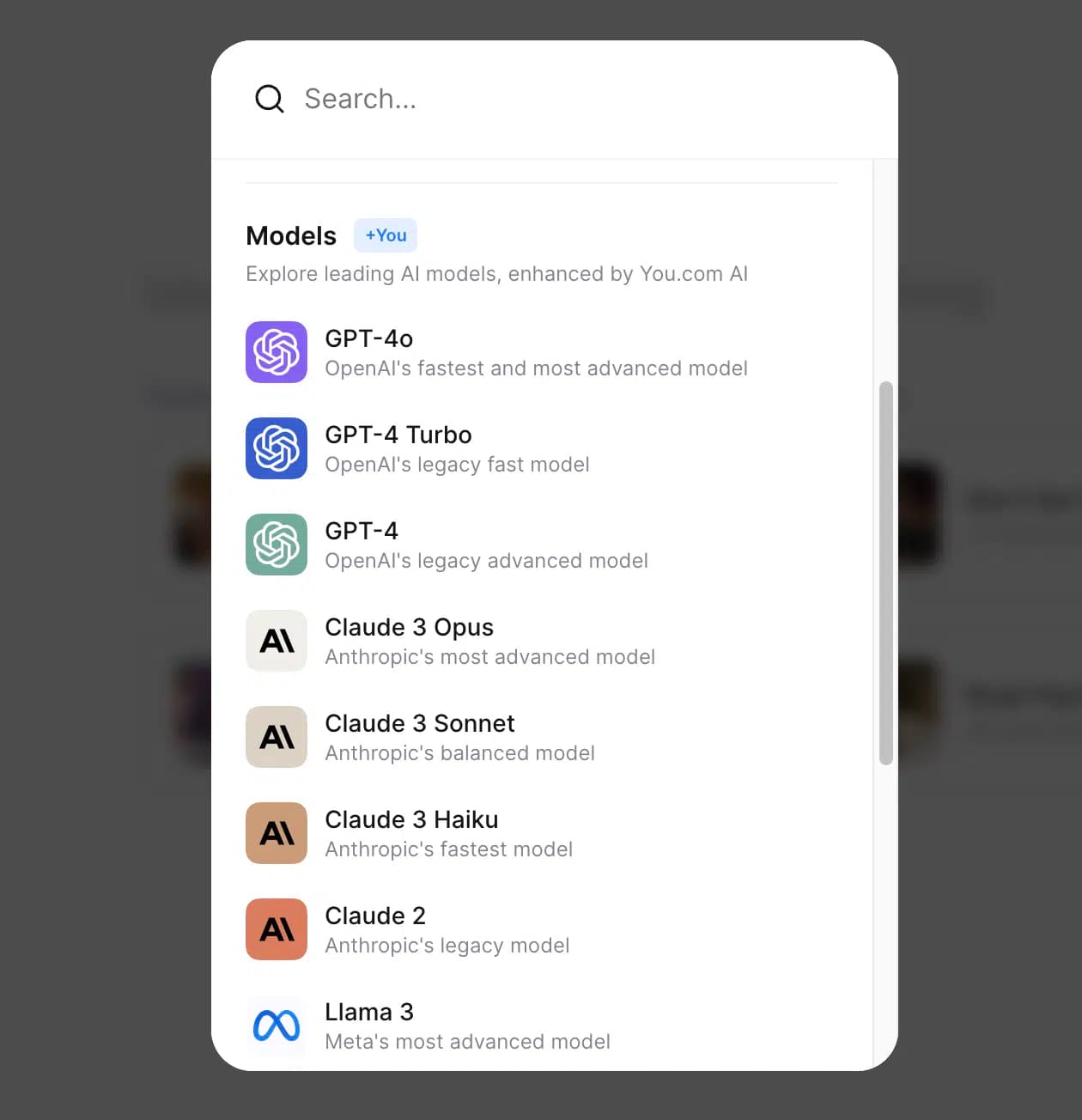 You.com bietet eine große Auswahl an LLMs