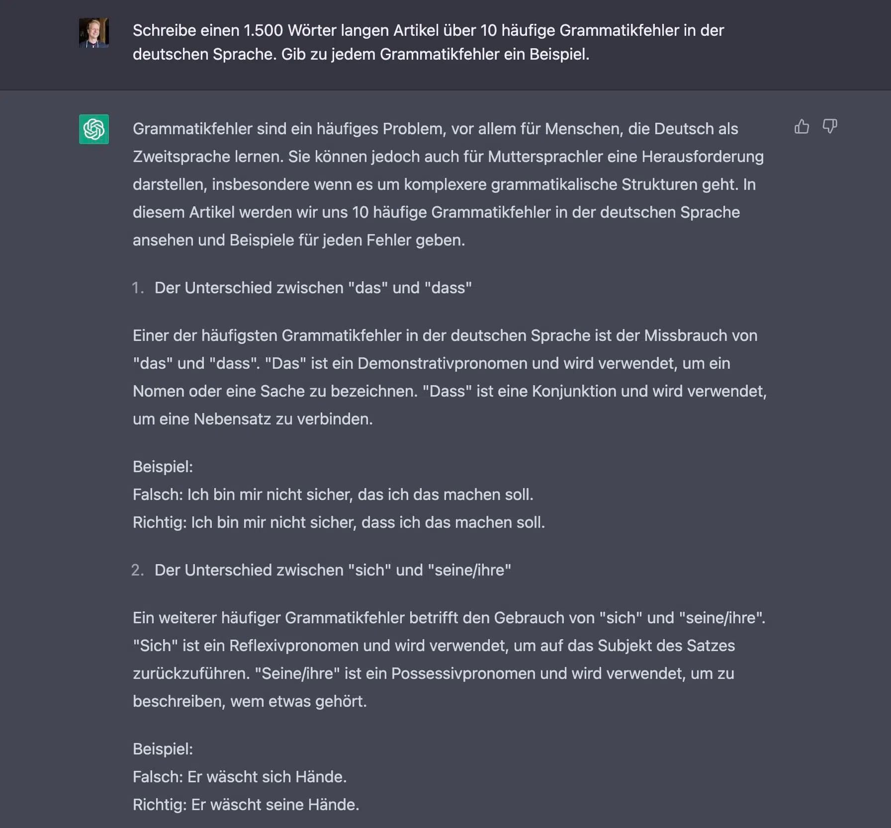 Deutscher Befehl an ChatGPT mit deutscher Antwort