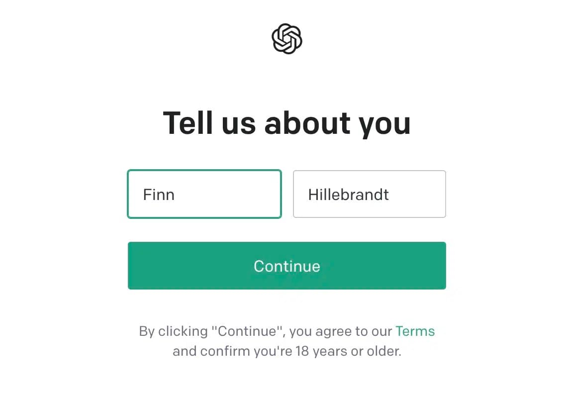 Vornamen und Namen für den OpenAI-Account angeben