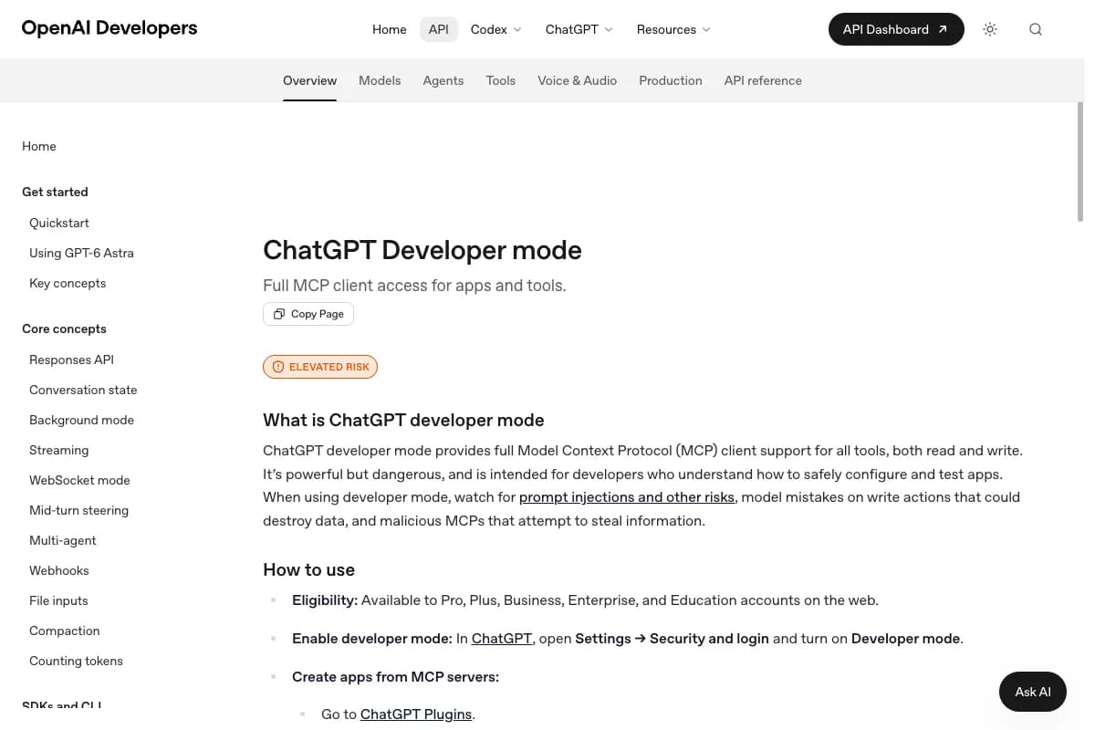 OpenAI-Dokumentation zum ChatGPT-Entwicklermodus mit MCP-Lese- und Schreibzugriff