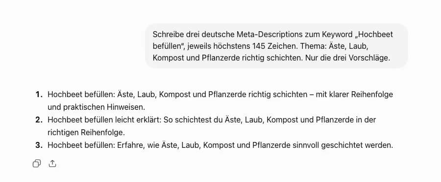 ChatGPT erstellt Meta-Beschreibungen zum Thema Hochbeet befüllen