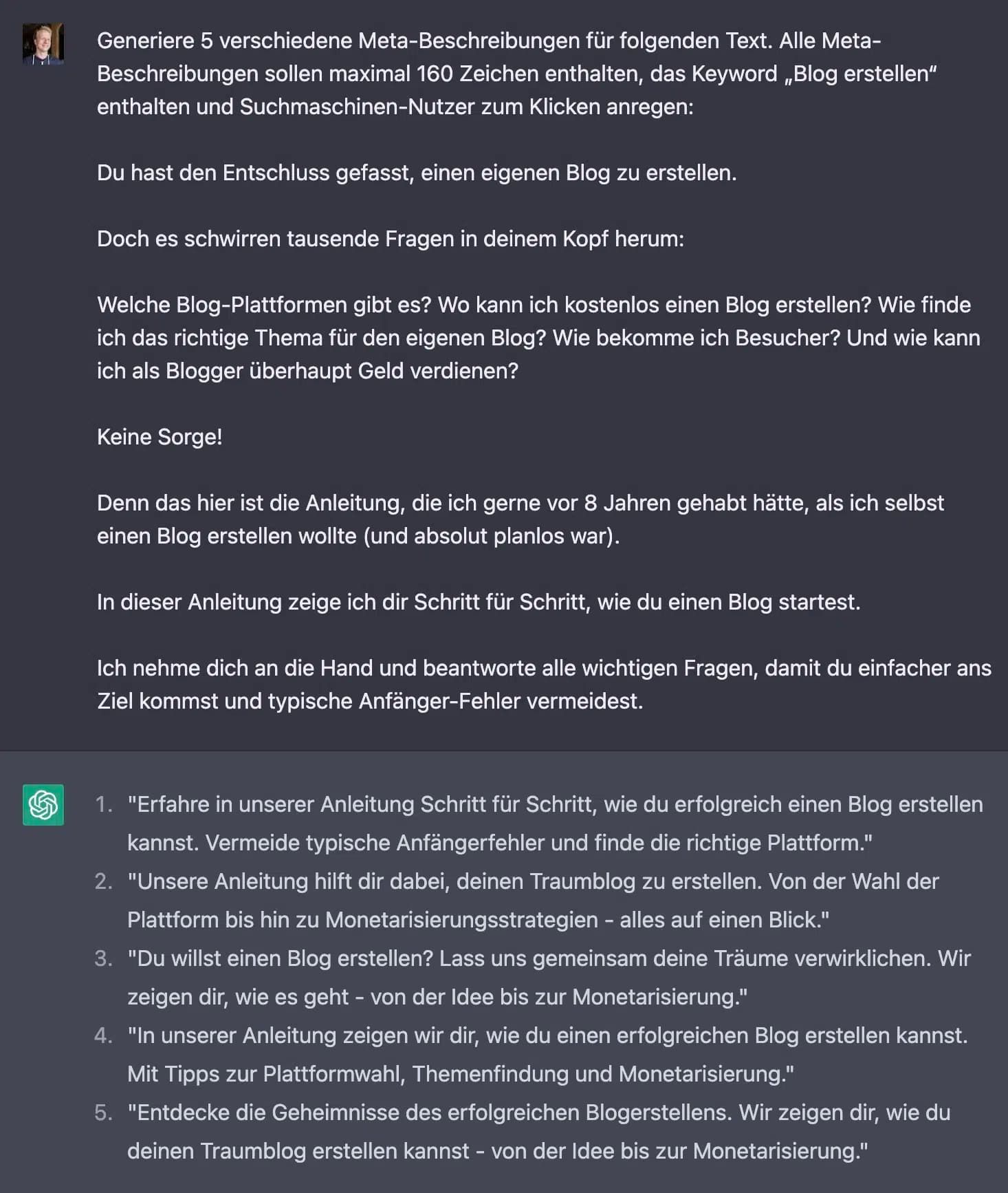 Mit ChatGPT Meta-Beschreibungen generieren