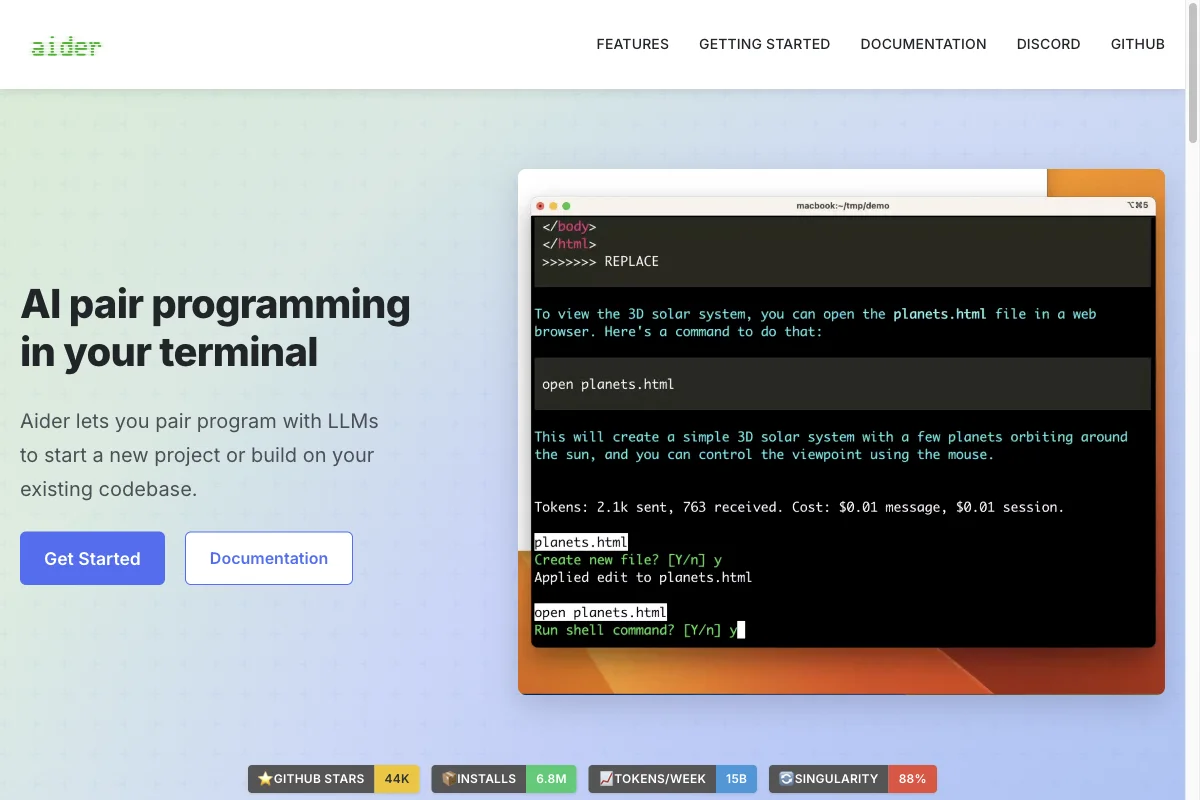 Aider homepage: open source pioneer with automatic Git commits and a diff-first approach