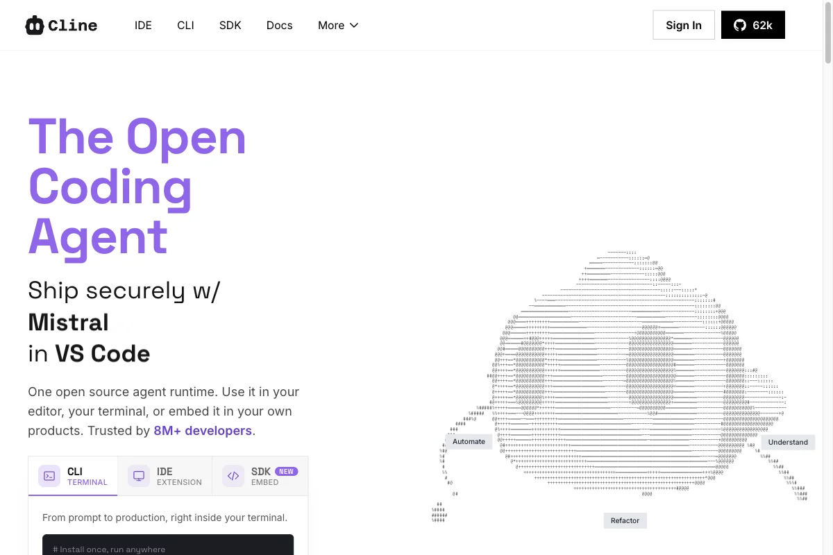 Cline Startseite: Open-Source-Alternative zu Claude Code mit BYOK und Plan-/Act-Workflow