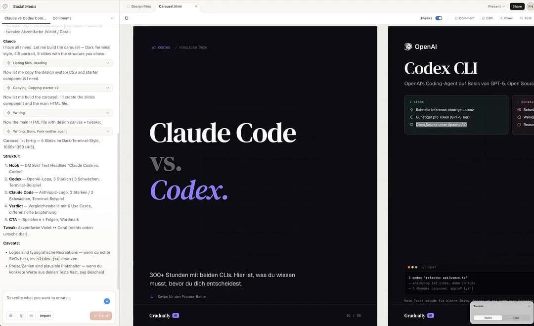 Claude Design Interface im Browser mit eigenem Design-System