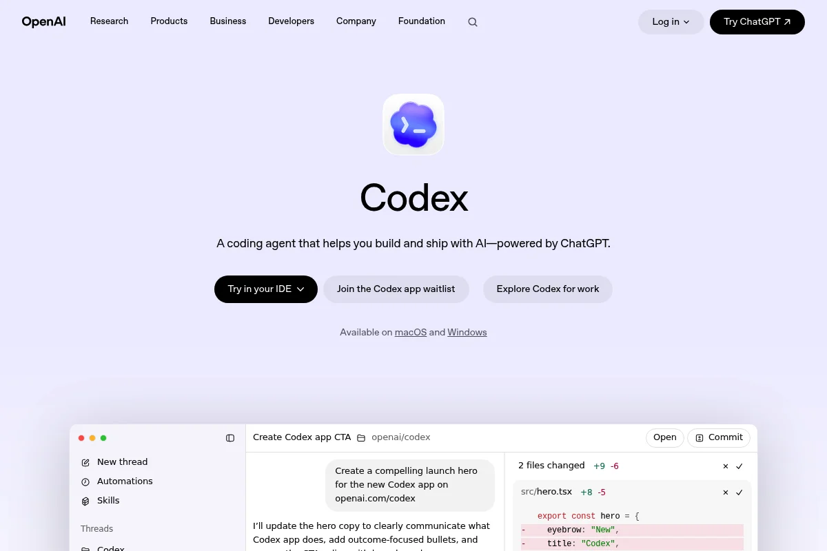 Codex-App von OpenAI mit Seitenleiste, Datei-Übersicht und Multi-Tab-Sessions
