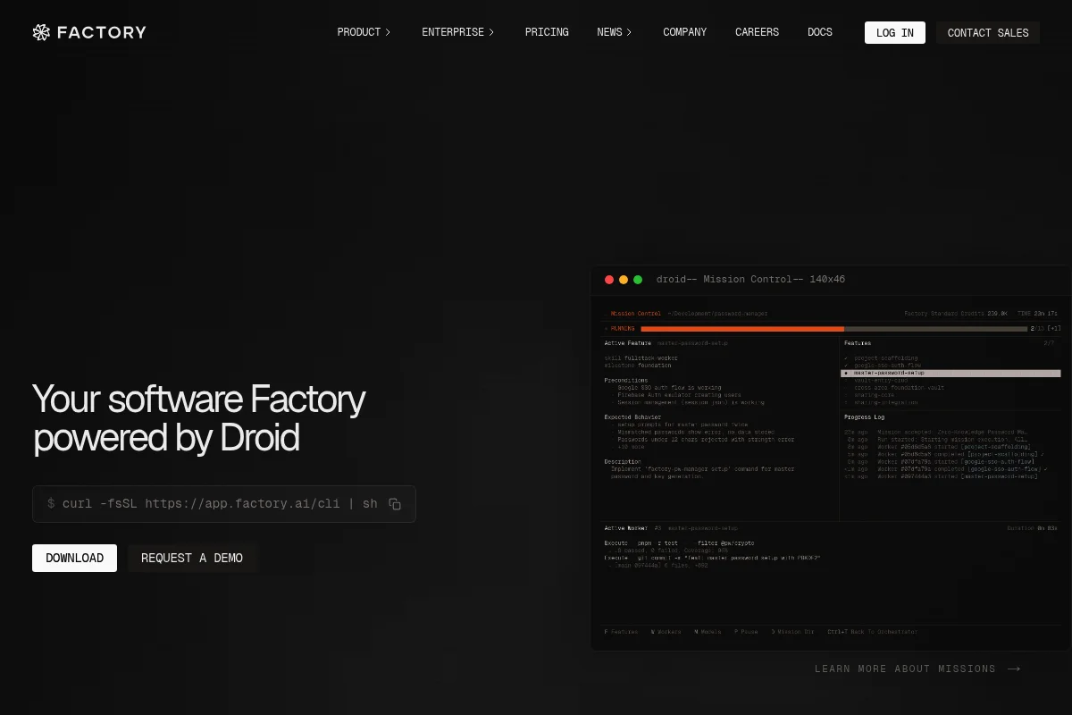 Factory.ai Landingpage mit Multi-Agent-Coding-Plattform
