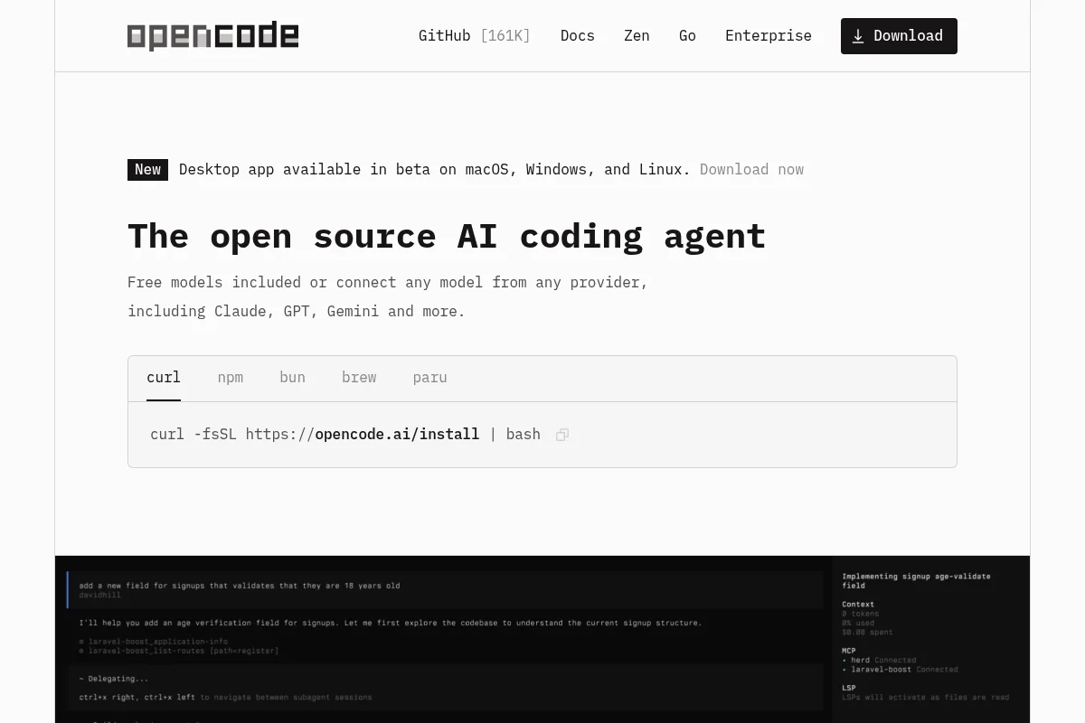 OpenCode Landingpage mit CLI-Tool für Coding-Agenten