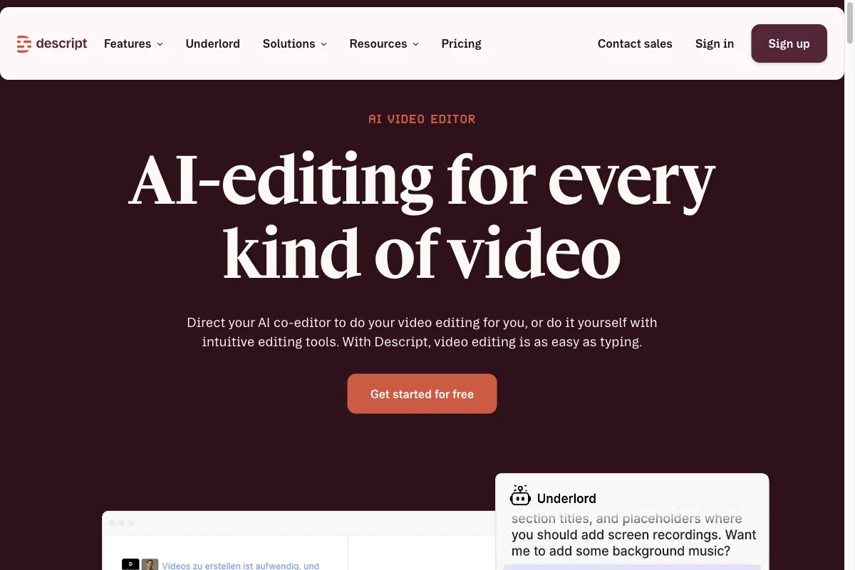 Die Startseite von Descript, dem Audio- und Video-Editor mit Overdub-Stimme