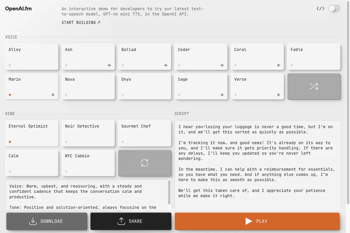 Die OpenAI.fm-Demo für das Text-to-Speech-Modell GPT-4o mini TTS mit Auswahl von Stimme, Vibe und Skript
