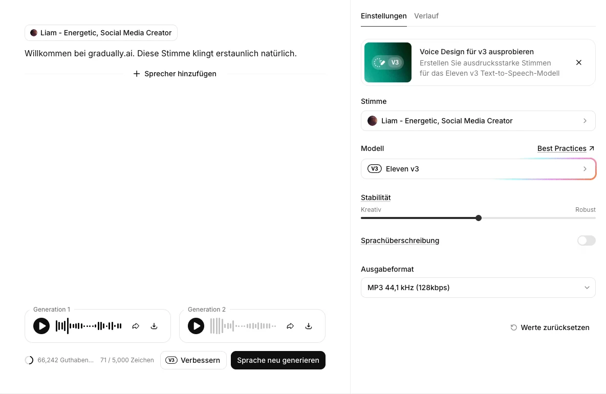 Der Text-zu-Sprache-Editor von ElevenLabs mit dem Modell Eleven v3, live aus meinem Creator-Account