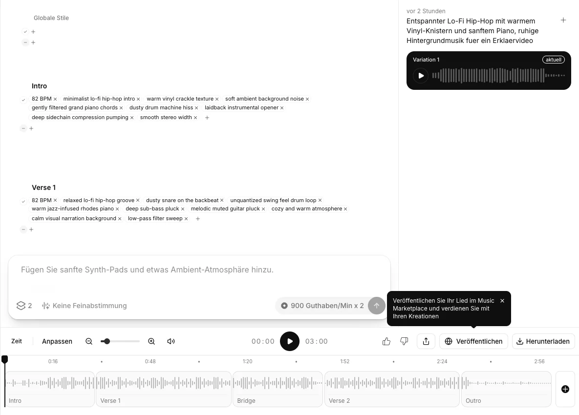 ElevenLabs Music v2 Track-Editor mit Sektionen Intro, Verse 1, Bridge, Verse 2 und Outro, je eigenen Stil-Tags wie 82 BPM und dusty snare on the backbeat, sowie der Zeitleiste am unteren Rand