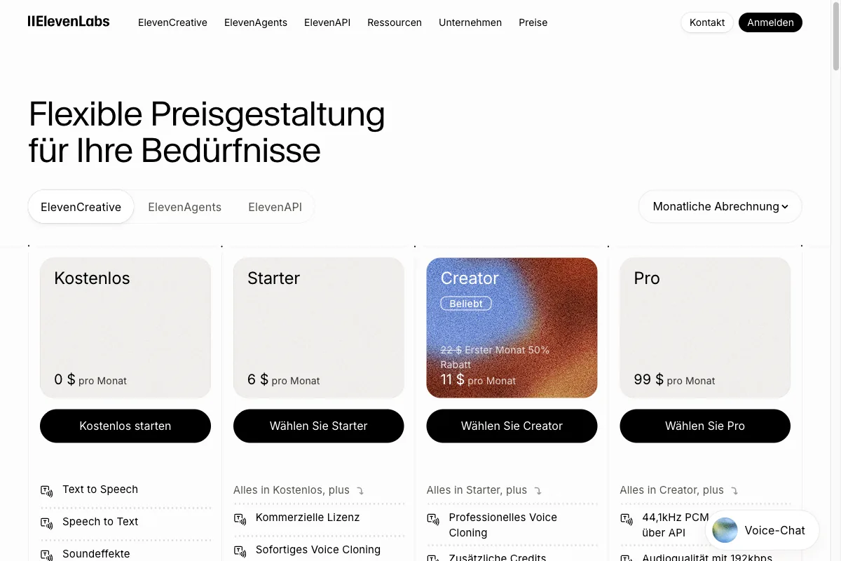 Die Preisübersicht von ElevenLabs mit den Tarifen Kostenlos, Starter, Creator und Pro sowie der Funktionsmatrix