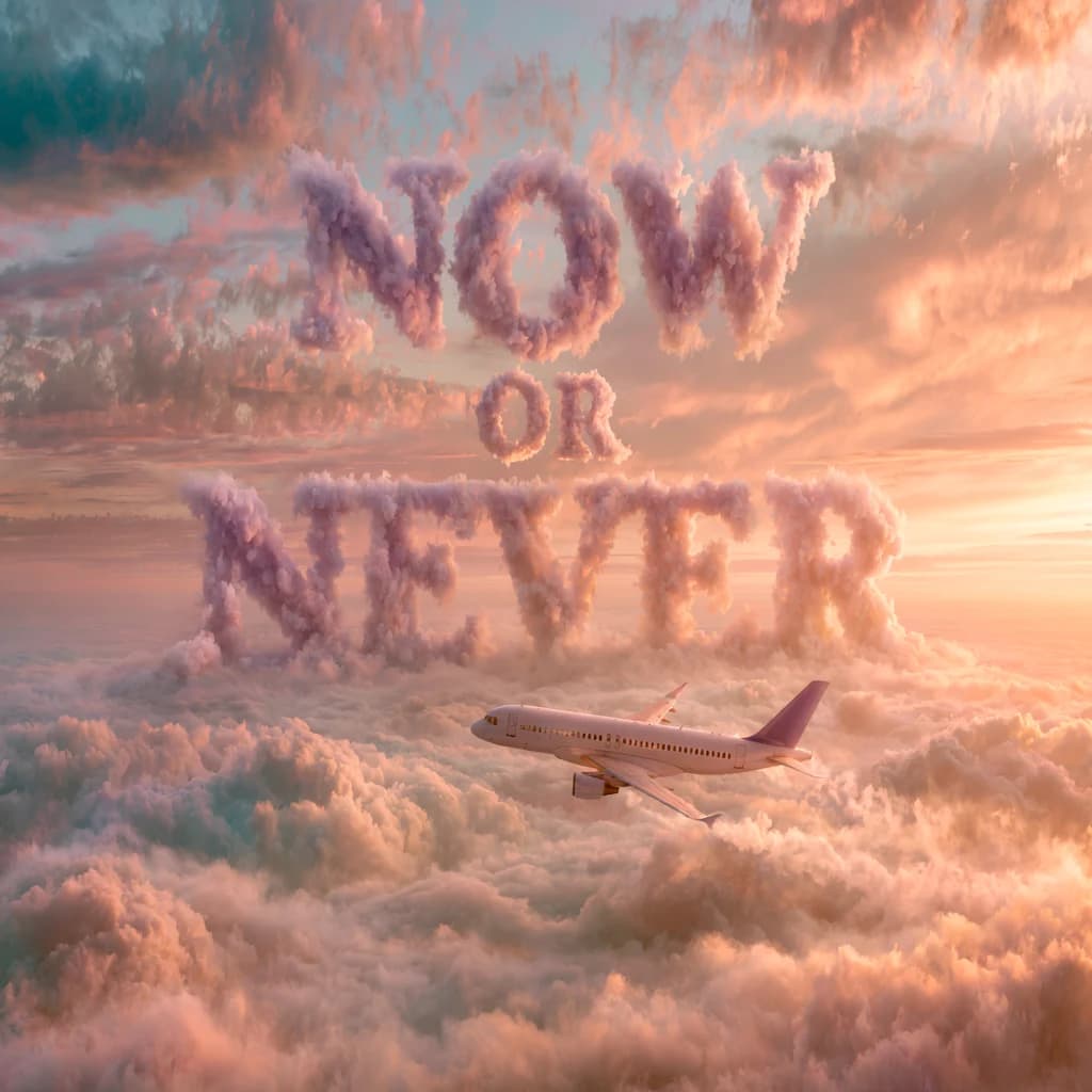 Midjourney V8.1: Wolken formen die Worte now or never mit Flugzeug